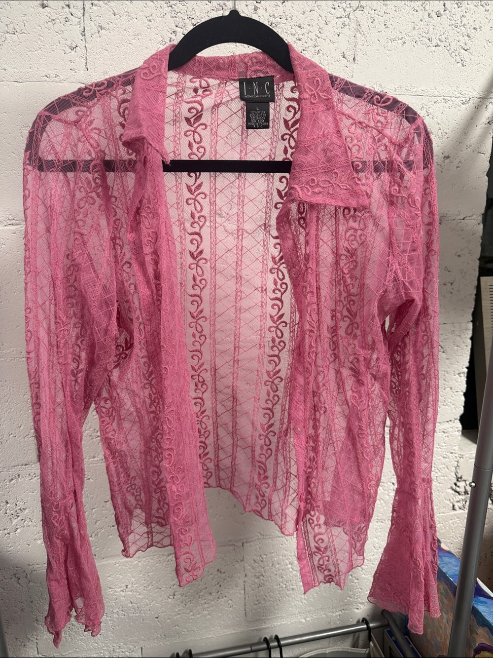 INC International Concepts Pink Sheer Lace Button-Down Shirt Size Large LIKE NEW